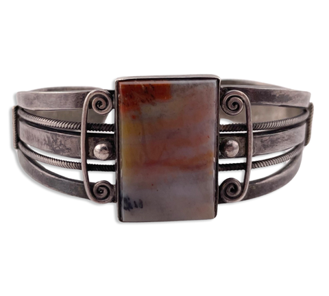 sterling silver Fred Harvey era old petrified wood rectangle stamped cuff bracelet