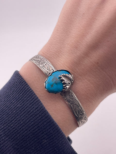 sterling silver 6" turquoise leaf floral cuff bracelet ***AS IS***