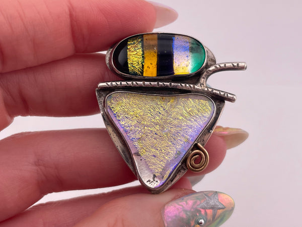 sterling silver & gold filled artisan foil glass brooch pin