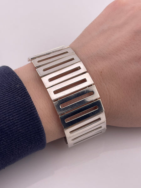 sterling silver Mexican chunky heavy rectangle cut-out panel toggle clasp link bracelet