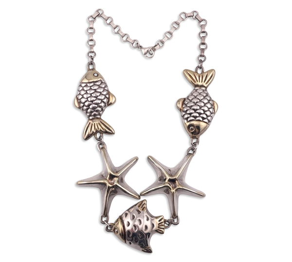 sterling silver & gold wash electroform fish & starfish statement necklace
