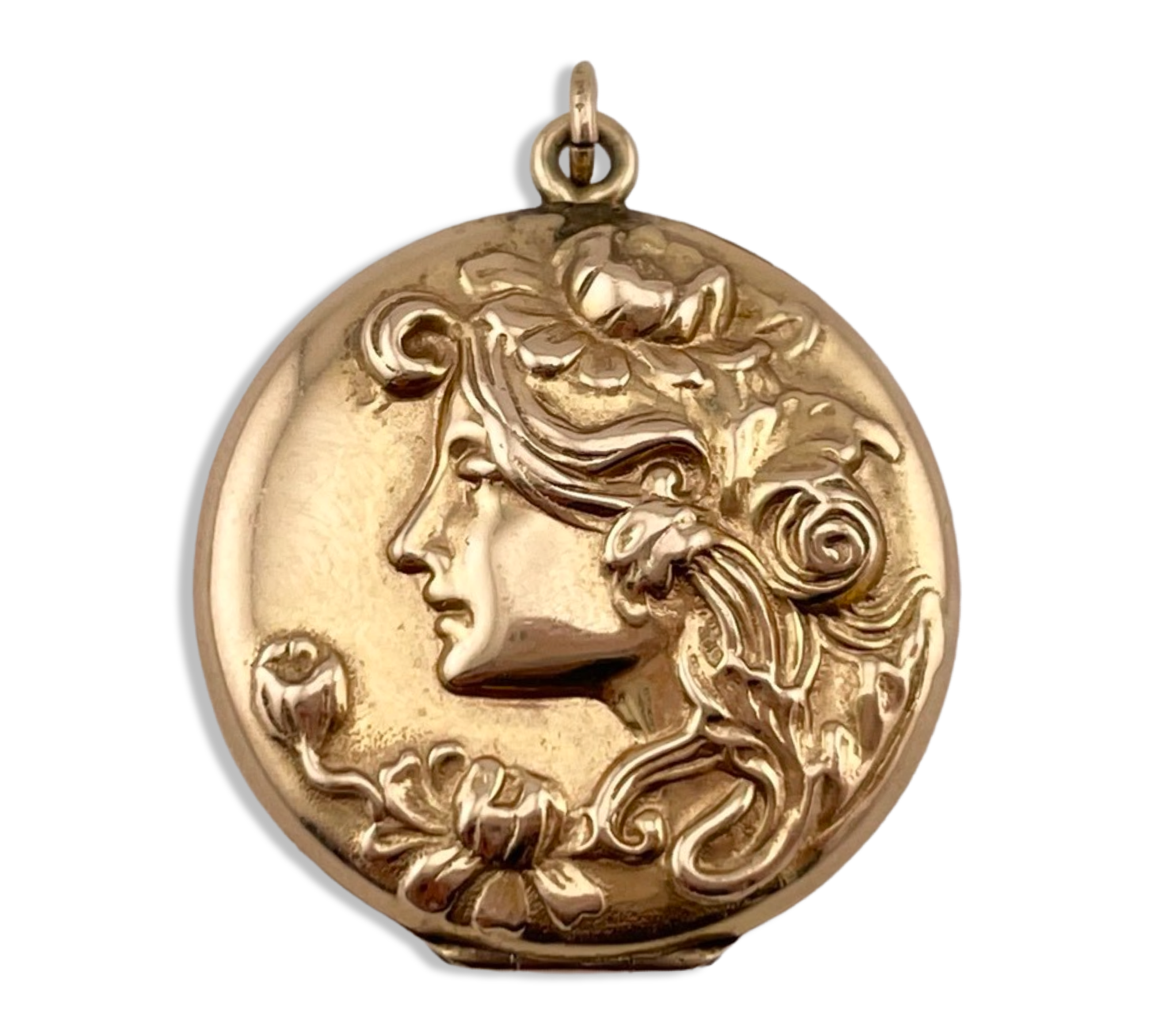 14k gold heavy JMF Company Art Nouveau style woman profile locket pendant