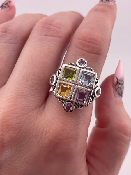 size 8 sterling silver faceted square multi-gemstone ring