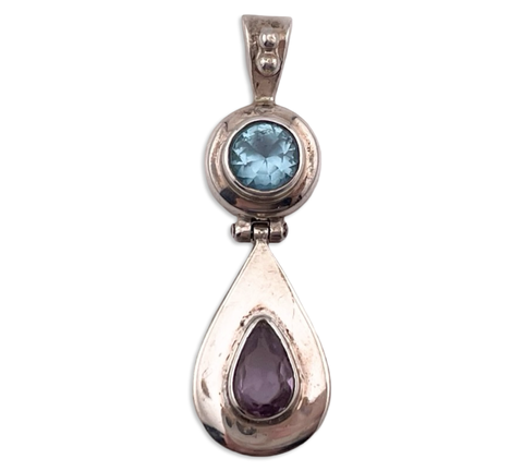 sterling silver faceted blue glass & amethyst hinge pendant