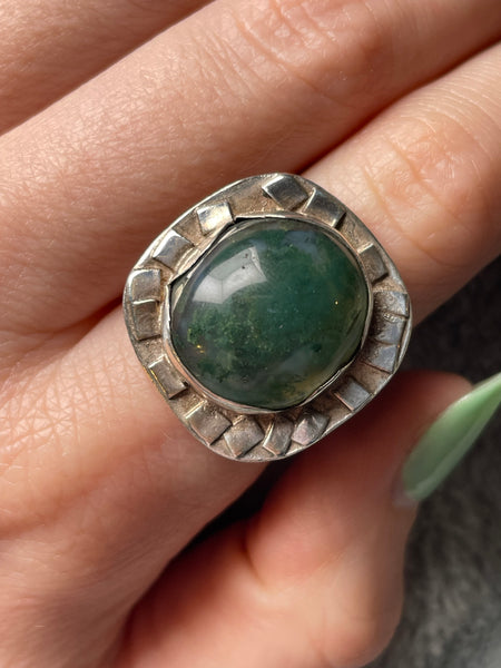 size 7.25 sterling silver moss agate artisan ring