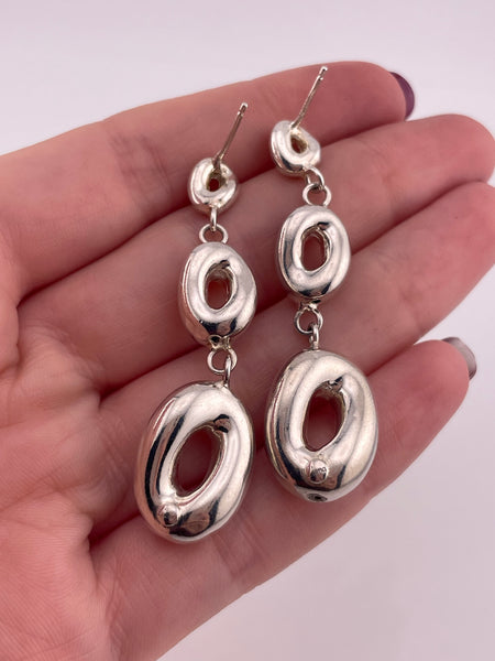 sterling silver stoneless triple oval post dangle earrings