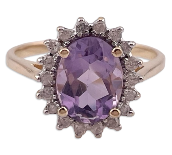 size 5.5 14k yellow gold faceted amethyst & diamond halo ring