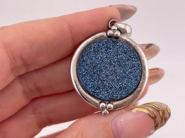 sterling silver blue druzy round pendant