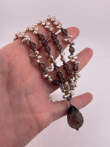 sterling silver component 17" double strand pearl faceted smoky quartz necklace