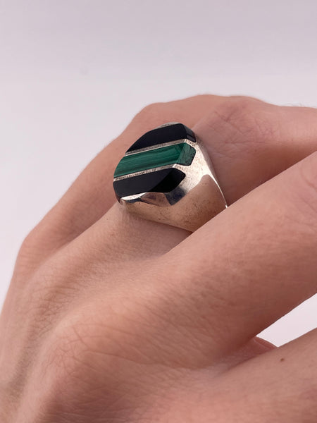 size 6.75 sterling silver chunky malachite & onyx ring