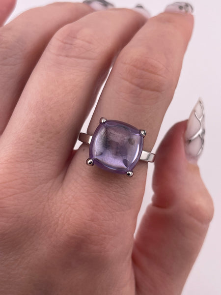 size 8 sterling silver rhodium plated purple glass prong ring
