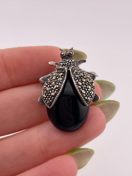 sterling silver bug insect marcasite black glass brooch pin