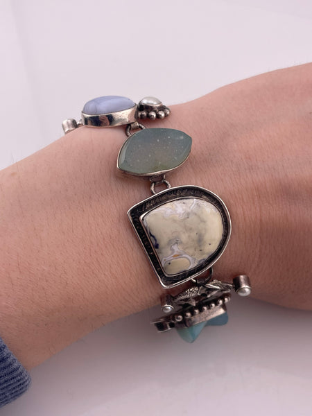 sterling silver 7-1/8" to 8-3/8" multi-stone mermaid link bracelet