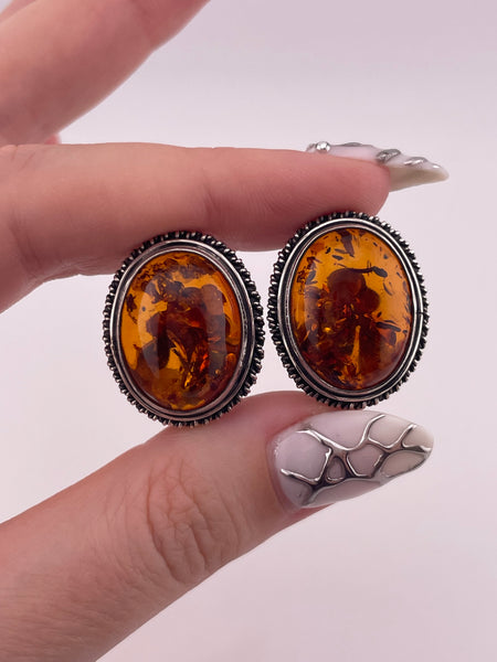 sterling silver oval rope design amber clip-on earrings
