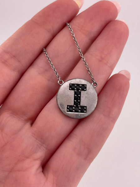 sterling silver 'I' letter initial black gemstone necklace
