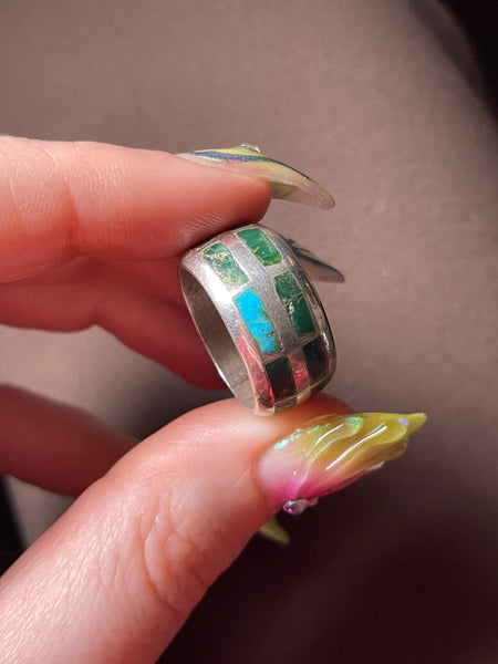 size 6.5 sterling silver chunky green turquoise inlay band ring