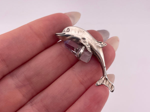 sterling silver etched dolphin amethyst pendant