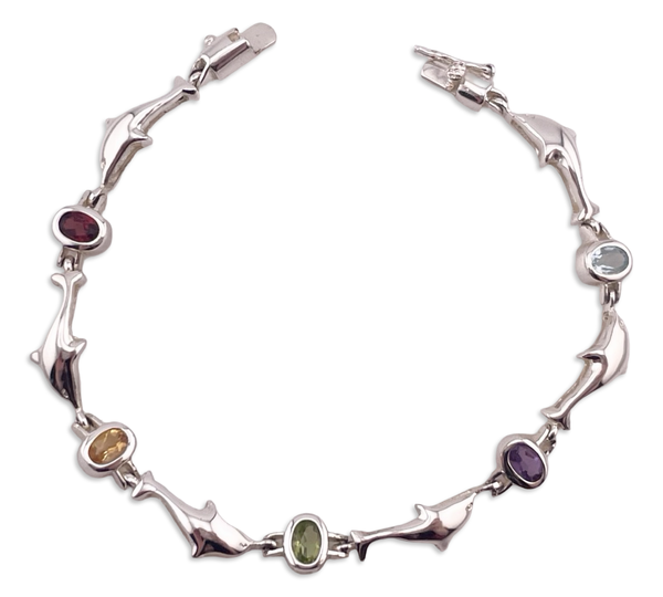 sterling silver 6-7/8" rhodium plated faceted multi-stone dolphin bracelet