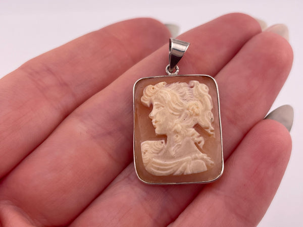 sterling silver rectangle cameo woman profile pendant