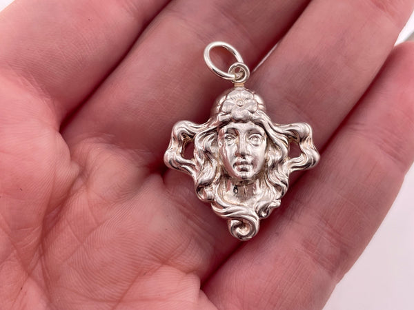 sterling silver pressed Art Nouveau style woman pendant