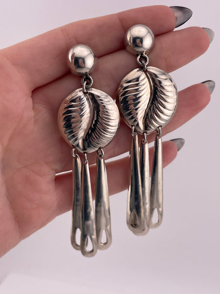 sterling silver large Mexican stoneless fringe post dangle earrings