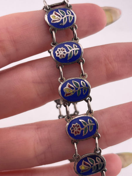 NOT STERLING - silver tone painted flower link bracelet **AS IS**
