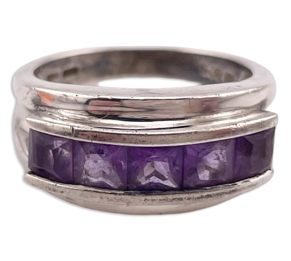 size 8 sterling silver rhodium plated faceted amethyst ring
