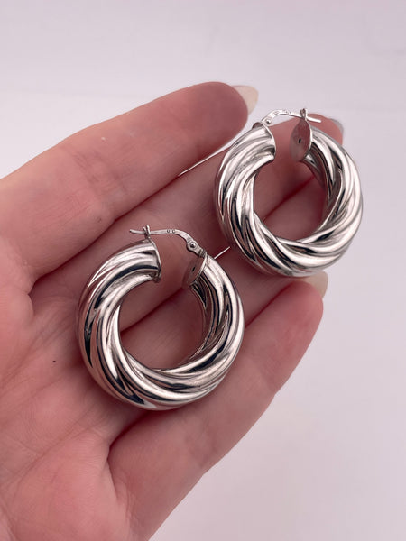 sterling silver chunky 1-3/16" rhodium plated puffy cable hoop earrings