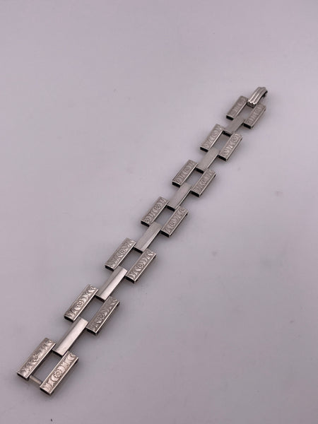 sterling silver stoneless Art Deco floral flower rectangle link bracelet