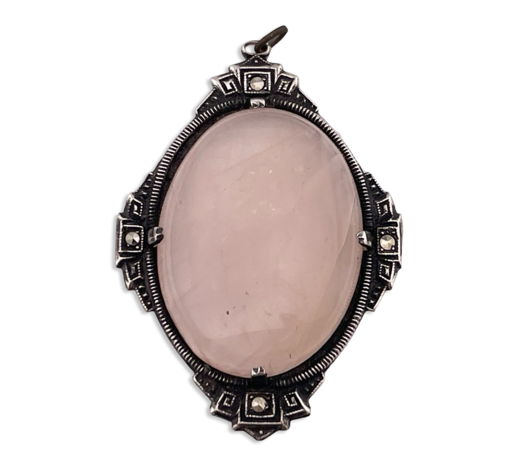 sterling silver large rose quartz & marcasite pendant