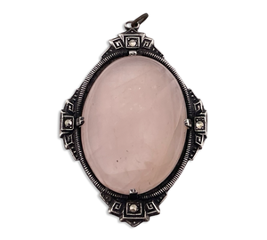 sterling silver large rose quartz & marcasite pendant