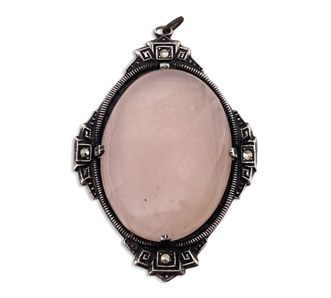 sterling silver large rose quartz & marcasite pendant
