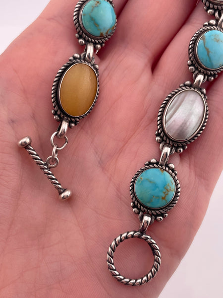 sterling silver 7-1/2" mother of pearl shell stabilized turquoise bracelet