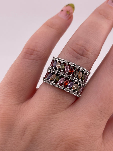 size 7 sterling silver rhodium plated faceted glass rhinestone ring ***AS IS***