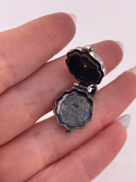 sterling silver flower rhinestone box compartment locket pendant