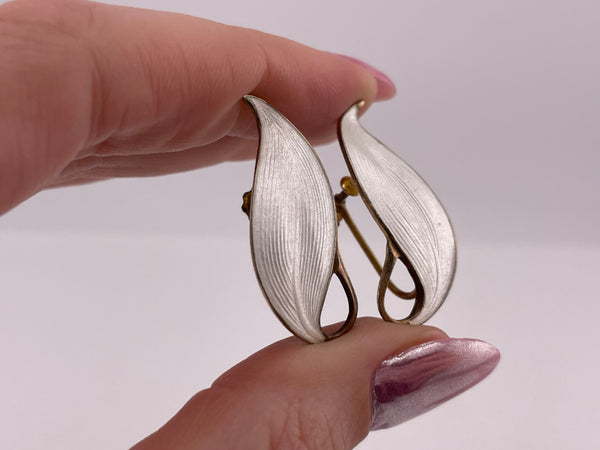 sterling silver gold plated Norway white enamel leaf screw-back earrings