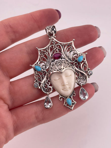 sterling silver molded plastic face quartz lab ruby stabilized turquoise pendant