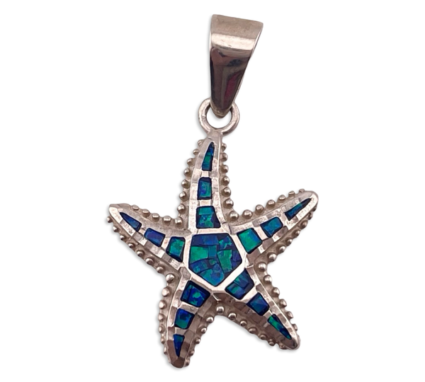 sterling silver mosaic lab opal starfish pendant