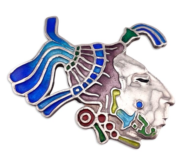 sterling silver Mexican figural enamel pendant / brooch