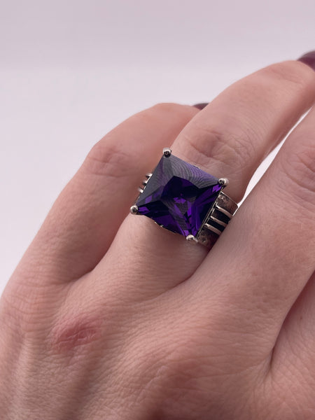 size 6 sterling silver chunky faceted purple glass flower wide band square ring