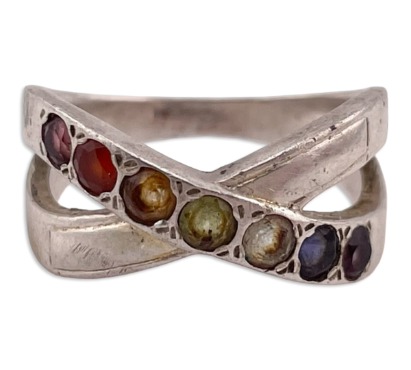 size 8.75 sterling silver faceted colorful multi-gemstone ring