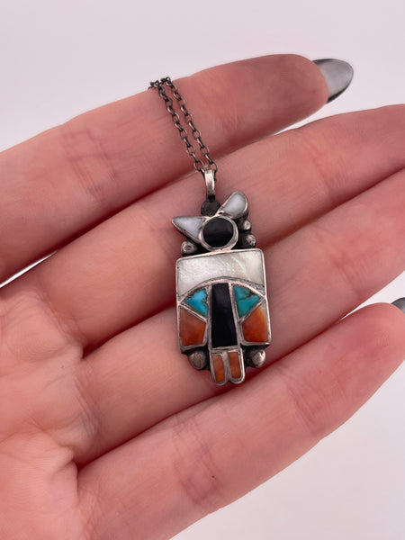 sterling silver multi-stone inlay bird pendant necklace
