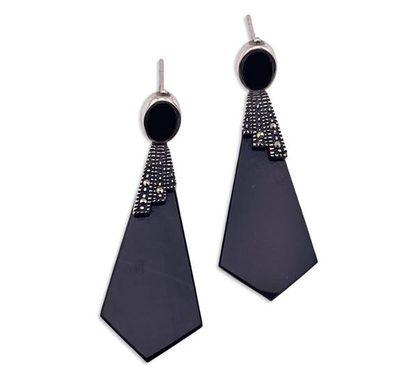 sterling silver black agate marcasite post hinge earrings