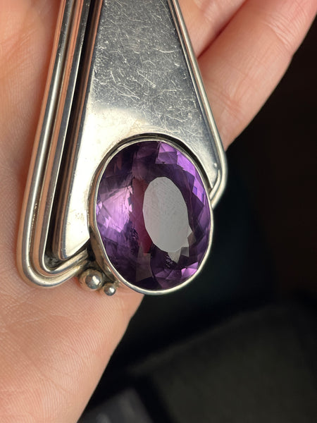 sterling silver 3" long faceted amethyst pendant