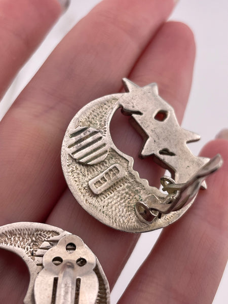 sterling silver man in the crescent moon stars matte finish clip-on earrings