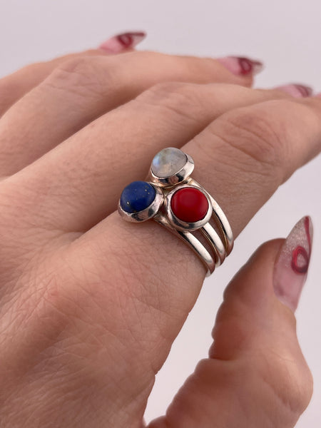 size 8 sterling silver rainbow moonstone lapis synthetic coral ring