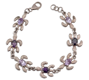 sterling silver 7 1/4" faceted purple glass sea turtle link bracelet