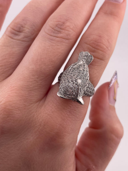 size 7.25 sterling silver rhinestone owl bird ring ***Missing One Rhinestone