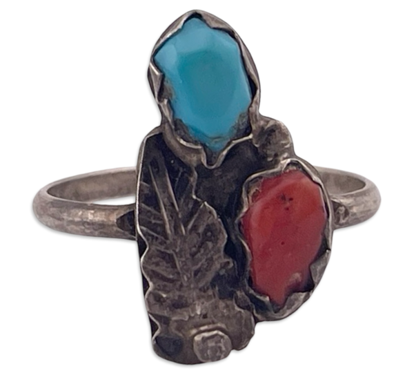 size 6 sterling silver turquoise & coral leaf ring