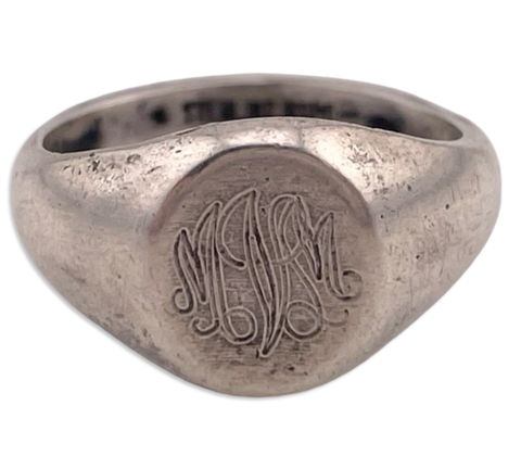 size 3.75 sterling silver MVM(?) engraved signet initials ring